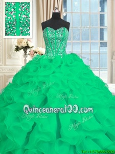 Super Turquoise Lace Up Sweetheart Beading and Ruffles Sweet 16 Dresses Organza Sleeveless Brush Train