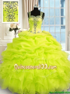 Deluxe Floor Length Yellow Green Quinceanera Gowns Straps Sleeveless Zipper