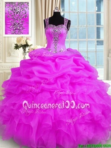 Fuchsia Straps Zipper Beading and Ruffles Sweet 16 Dresses Sleeveless