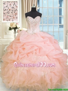 Great Floor Length Peach 15th Birthday Dress Sweetheart Sleeveless Lace Up