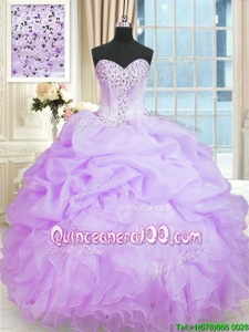 Lavender Ball Gowns Organza Sweetheart Sleeveless Beading and Ruffles Floor Length Lace Up Sweet 16 Dress