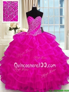 Eye-catching Beading and Ruffled Layers Sweet 16 Dresses Fuchsia Lace Up Sleeveless Floor Length