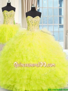 Latest Three Piece Yellow Sleeveless Floor Length Beading and Ruffles Lace Up Vestidos de Quinceanera