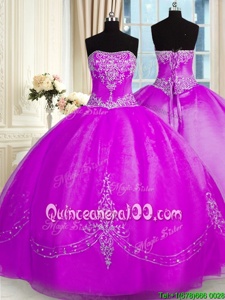 Dramatic Purple Ball Gowns Organza Strapless Sleeveless Beading and Embroidery Floor Length Lace Up Sweet 16 Quinceanera Dress