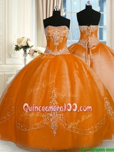 Attractive Strapless Sleeveless Quinceanera Dress Floor Length Beading and Embroidery Gold Organza