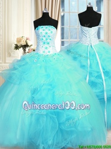 Chic Pick Ups and Hand Made Flower Vestidos de Quinceanera Aqua Blue Lace Up Sleeveless Floor Length