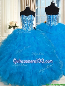 Inexpensive Baby Blue Sleeveless Floor Length Beading and Ruffles Lace Up 15th Birthday Dress