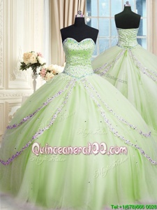 Glamorous Beading and Appliques Vestidos de Quinceanera Yellow Green Lace Up Sleeveless With Train Court Train