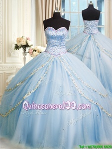 Chic Court Train Ball Gowns Sweet 16 Dress Baby Blue Sweetheart Organza Sleeveless With Train Lace Up