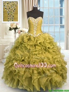 Graceful Olive Green Organza Lace Up Sweetheart Sleeveless Floor Length Vestidos de Quinceanera Beading and Ruffles