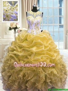 Fancy Scoop Floor Length Ball Gowns Sleeveless Gold Quinceanera Dress Zipper