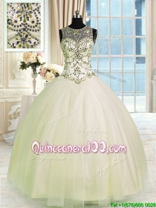 Traditional Scoop Champagne Lace Up Quinceanera Dresses Beading Sleeveless Floor Length