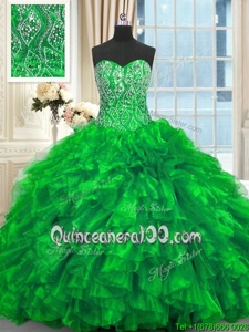 Affordable Green Organza Lace Up Ball Gown Prom Dress Sleeveless Brush Train Beading and Ruffles