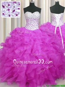 Pretty Fuchsia Sleeveless Beading and Ruffles Floor Length Vestidos de Quinceanera