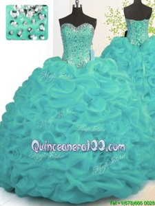 Sweetheart Sleeveless Brush Train Lace Up Sweet 16 Dress Turquoise Organza