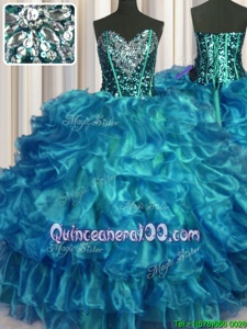 Teal Sleeveless Floor Length Beading and Ruffles Lace Up Sweet 16 Dress