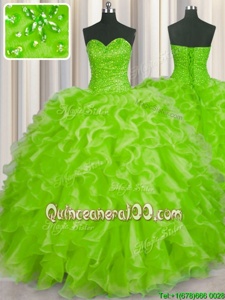 Designer Yellow Green Ball Gowns Sweetheart Sleeveless Organza Floor Length Lace Up Beading and Ruffles Vestidos de Quinceanera