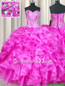 Noble Fuchsia Sleeveless Floor Length Beading and Ruffles Lace Up Vestidos de Quinceanera