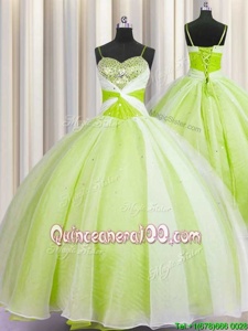 Popular Yellow Green Lace Up Spaghetti Straps Beading and Ruching Sweet 16 Dresses Organza Sleeveless