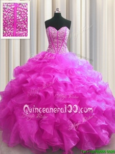 Designer Visible Boning Beading and Ruffles Vestidos de Quinceanera Fuchsia Lace Up Sleeveless Floor Length