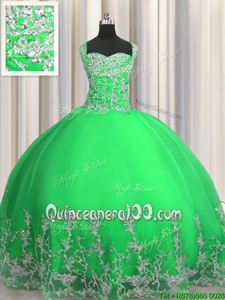 Customized Apple Green Lace Up Sweet 16 Dress Beading and Appliques Sleeveless Floor Length