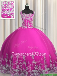 Sexy Fuchsia Ball Gowns Tulle Straps Sleeveless Beading and Appliques Floor Length Lace Up Sweet 16 Quinceanera Dress