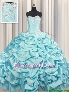 Vintage Brush Train Aqua Blue Taffeta Lace Up Sweetheart Sleeveless Quinceanera Dresses Sweep Train Beading and Pick Ups