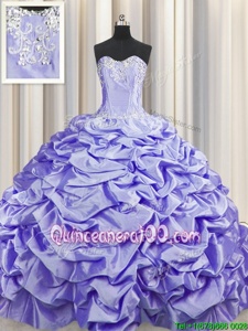 Shining Pick Ups Brush Train Sweetheart Sleeveless Sweep Train Lace Up Quinceanera Gown Lavender Taffeta