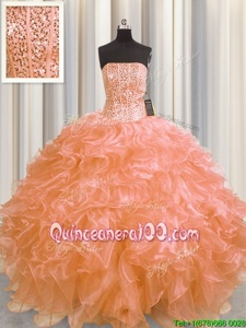 Graceful Visible Boning Orange Organza Lace Up Strapless Sleeveless Floor Length Sweet 16 Dresses Beading and Ruffles