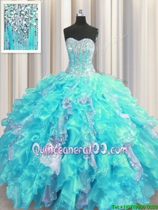 Glamorous Visible Boning Floor Length Aqua Blue Quinceanera Dress Organza and Sequined Sleeveless Spring and Summer and Fall and Winter Beading and Ruffles and Sequins