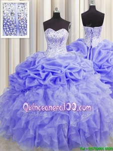 Elegant Visible Boning Sweetheart Sleeveless Vestidos de Quinceanera Floor Length Beading and Ruffles and Pick Ups Lavender Organza