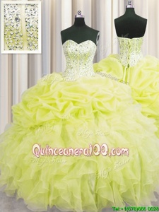 Stunning Visible Boning Ball Gowns Quinceanera Dress Yellow Green Sweetheart Organza Sleeveless Floor Length Lace Up