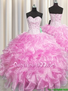 Artistic Visible Boning Zipper Up Rose Pink Zipper Quinceanera Gown Beading and Ruffles Sleeveless Floor Length