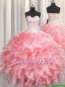 Custom Design Visible Boning Zipper Up Sweetheart Sleeveless Zipper Sweet 16 Dress Watermelon Red Organza