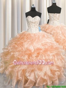 Elegant Visible Boning Zipper Up Beading and Ruffles Quinceanera Dress Peach Zipper Sleeveless Floor Length