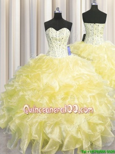 Luxurious Visible Boning Zipper Up Light Yellow Sleeveless Floor Length Beading and Ruffles Zipper Quinceanera Dress