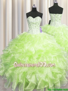 Customized Visible Boning Sleeveless Beading and Ruffles Zipper Quinceanera Dresses