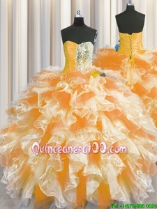 High Class Sweetheart Sleeveless Sweet 16 Dresses Floor Length Beading and Ruffles Orange Organza