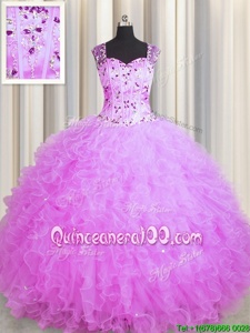 See Through Zipper Up Lilac Zipper Square Beading and Ruffles 15th Birthday Dress Organza Sleeveless