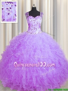 Dynamic See Through Zipper Up Purple Sleeveless Beading and Ruffles Floor Length Sweet 16 Dresses