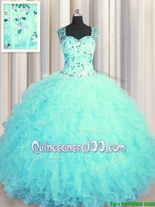 Fabulous See Through Zipper Up Square Sleeveless Tulle Vestidos de Quinceanera Beading and Ruffles Zipper