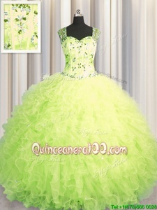 Elegant See Through Zipper Up Floor Length Ball Gowns Sleeveless Yellow Green Sweet 16 Dress Zipper