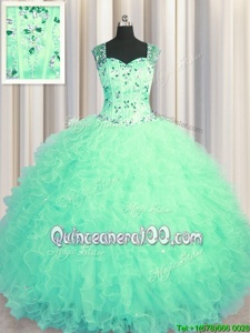 Customized See Through Zipper Up Sleeveless Beading and Ruffles Zipper Quinceanera Dress