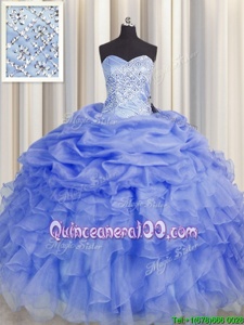 Purple Organza Lace Up Sweetheart Sleeveless Floor Length Vestidos de Quinceanera Beading and Ruffles