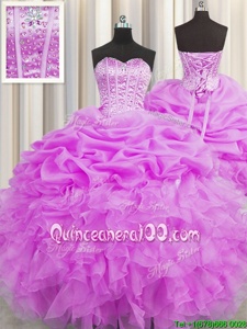 Affordable Visible Boning Lilac Organza Lace Up Quinceanera Gowns Sleeveless Floor Length Beading and Ruffles and Pick Ups