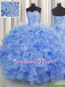 Sweetheart Sleeveless 15 Quinceanera Dress Floor Length Beading and Ruffles Lavender Organza