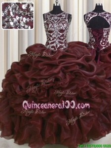 See Through Beading and Pick Ups Quinceanera Gown Burgundy Lace Up Sleeveless Floor Length