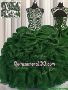 See Through Ball Gowns Quinceanera Gown Olive Green Scoop Organza Sleeveless Floor Length Lace Up