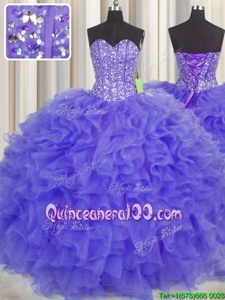 Wonderful Visible Boning Organza Sweetheart Sleeveless Lace Up Beading and Ruffles and Sashes|ribbons Vestidos de Quinceanera inPurple