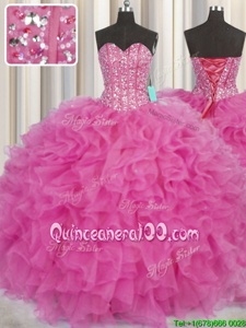 Pretty Visible Boning Organza Sweetheart Sleeveless Lace Up Beading and Ruffles Vestidos de Quinceanera inHot Pink